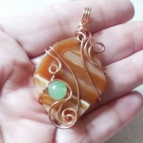 Sleek Copper Wire Wrap! Banded Agate + Green Aventurine Pendant - Casual Chic! - Picture 2 of 10